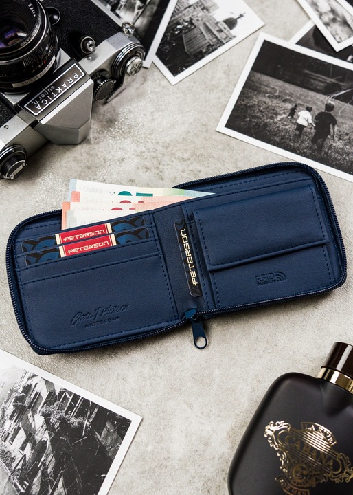 Portfel męski elegancki mały slim wallet Peterson na suwak na karty RFID