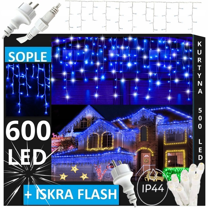 SOPLE 600 LED KURTYNA + FLASH LAMPKI ZEWNĘTRZNE Choinkowe Niebieskie 28M