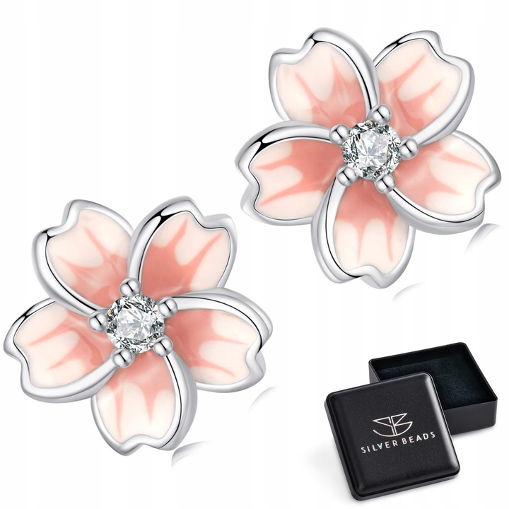 K519 Kwiaty wiśni srebrne emaliowane kolczyki sztyfty z kryształkami