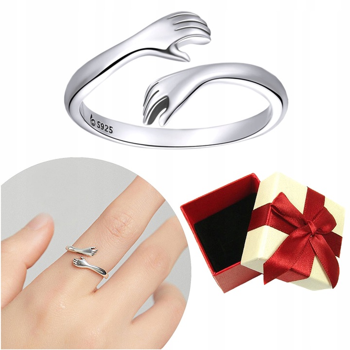 PIERŚCIONEK DŁONIE UŚCISK srebro 925 regulowany srebrny przytulenie pr. 925