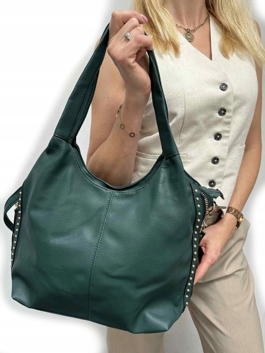 Torebka worek damska z ćwiekami shopper modna pojemna A4 CZARNA