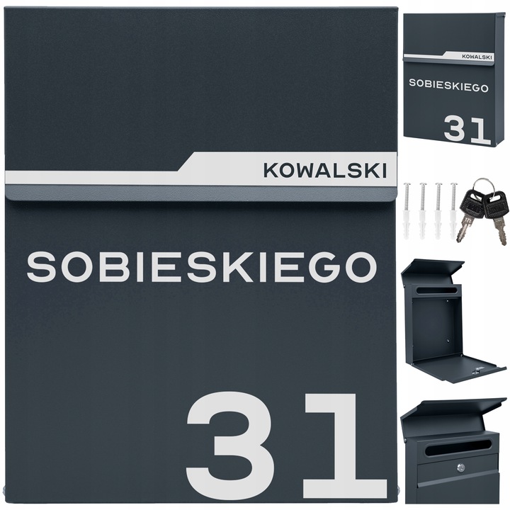 SKRZYNKA POCZTOWA NA LISTY POCZTĘ ANTRACYT + NAPIS ADRES ULICA NUMER
