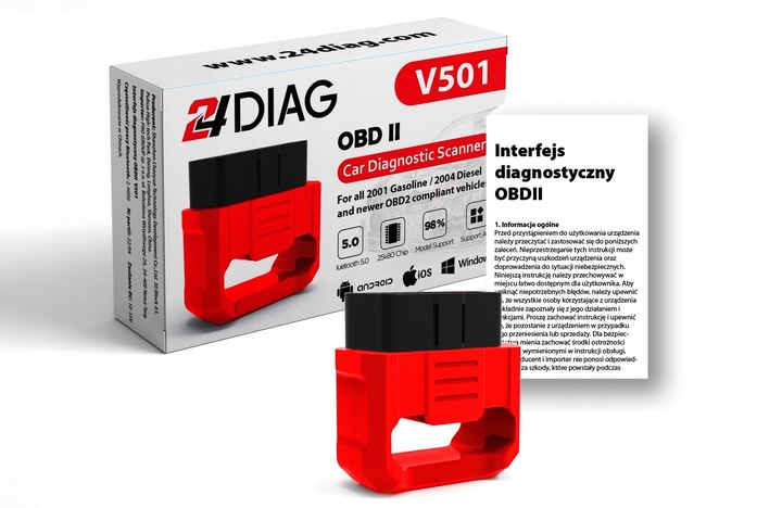 INTERFEJS DIAGNOSTYCZNY 24DIAG V501 ELM327 BLUETOOTH 5.0 OBD2 iOS ANDROID
