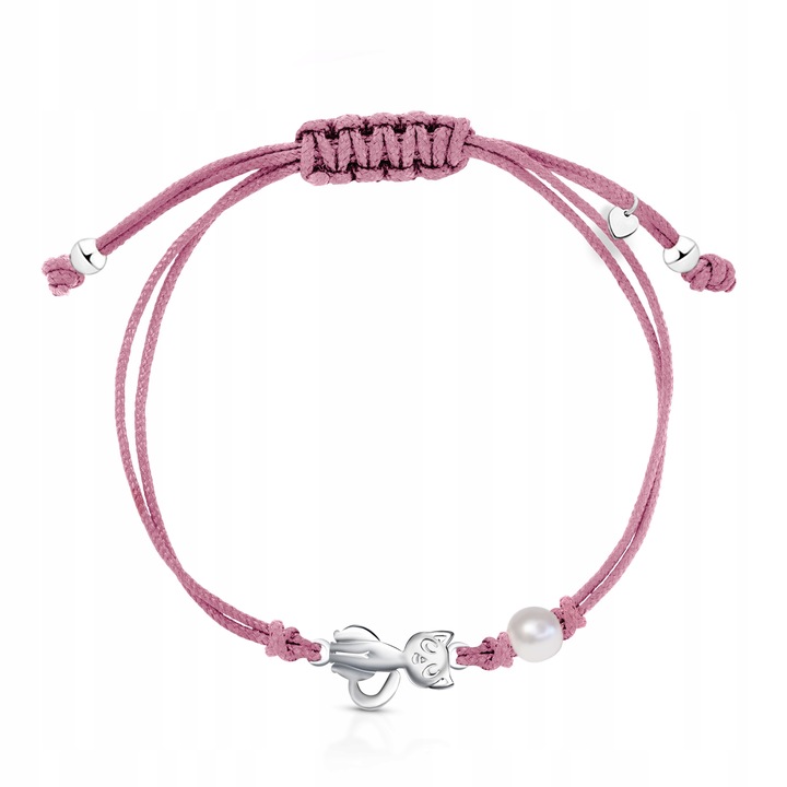 Bransoletka dla dziewczynki srebrna na sznurku kotek srebro 925 regulowana