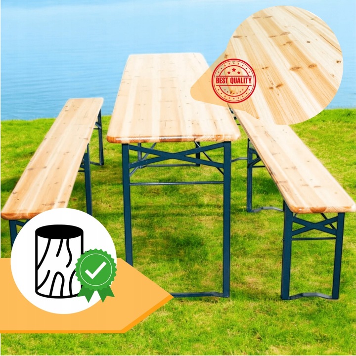 zestaw biesiadny 220cm drewniany skladany stol i ławki Komplet Piwny Barowy