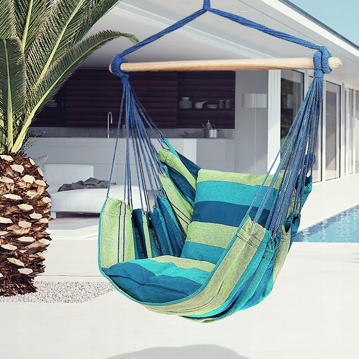 NIEBIESKI WISZĄCY OGRODOWY HAMAK HUŚTAWKA BRAZYLIJSKA KOKON + 2 poduszki
