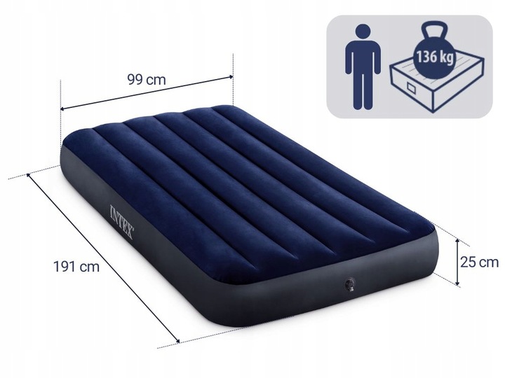Materac Dmuchany Welurowy Jednoosobowy Łóżko 191x99 Intex 64757 MODEL 2025