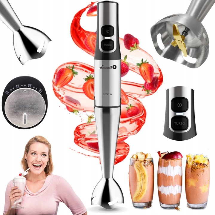 MOCNY BLENDER RĘCZNY ŁUCZNIK JK-1200 DUŻY KIELICH TURBO KRUSZY LÓD 1200 W