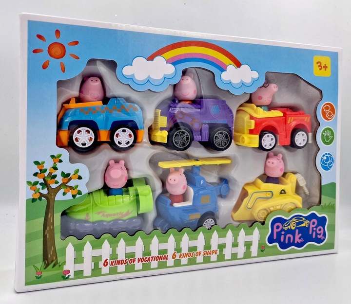 ZESTAW POJAZDÓW ŚWINKA PEPPA FIGURKI + SAMOCHODY 6 SZTUK RUCHOME AUTKA