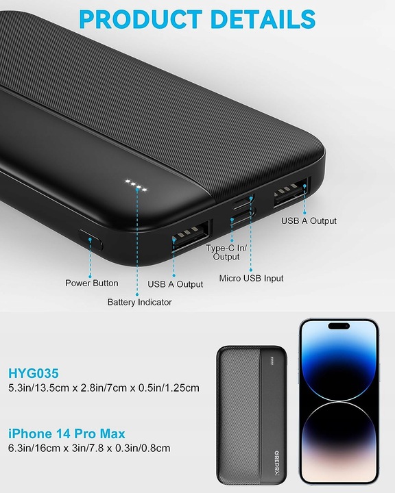 Power Bank 10000 mAh USB-C, MICRO USB, 2 x USB