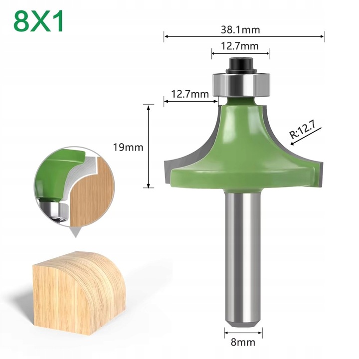 Frez do drewna krawędzi 38,1mm chwyt 8mm R12,7 zaokrąglający węglik