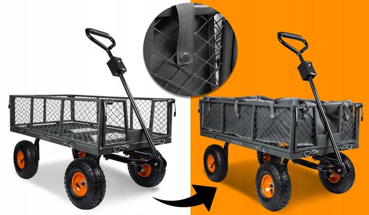 WÓZEK OGRODOWY TRANSPORTOWY PRZYCZEPKA TACZKA KOŁA PLANDEKA DO 400KG 100L