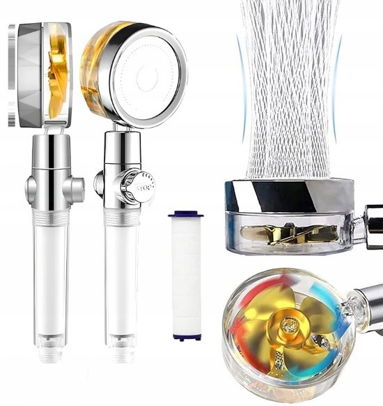 OSZCZĘDNA TURBO SŁUCHAWKA PRYSZNICOWA Z TURBINĄ WENTYLATOREM +WĄŻ+4xFILTR