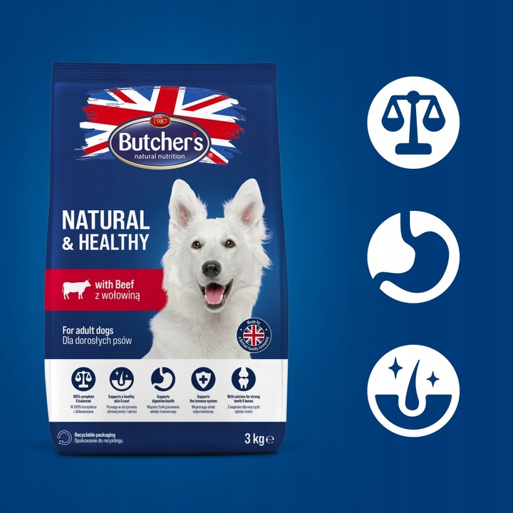Sucha karma dla psa Butchers wołowina 3kg z witaminami lśniąca sierść skóra