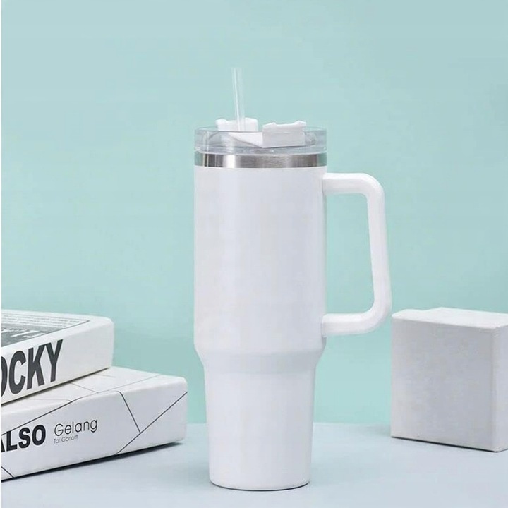 DUŻY KUBEK TERMICZNY Z UCHWYTEM I SŁOMKĄ TERMOS DUŻY 1200ML BIAŁY