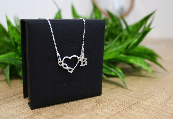 Naszyjnik srebrny serce i nieskończoność z literką do wyboru 925 łańcuszek