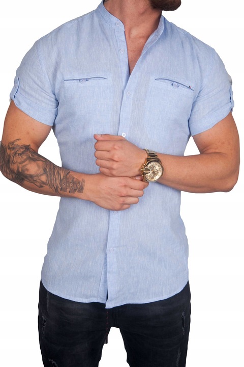 Koszula lniana kołnierzyk błękitna BG-1 rozm. 3XL