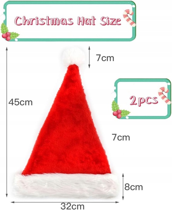 Czapka bożonarodzeniowa, dla dorosłych, aksamitna, Świętego Mikołaja, 2szt.