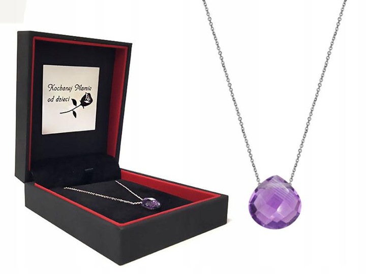 Srebrny naszyjnik 925 kamień ametyst serce grawer elegancki modny wzór