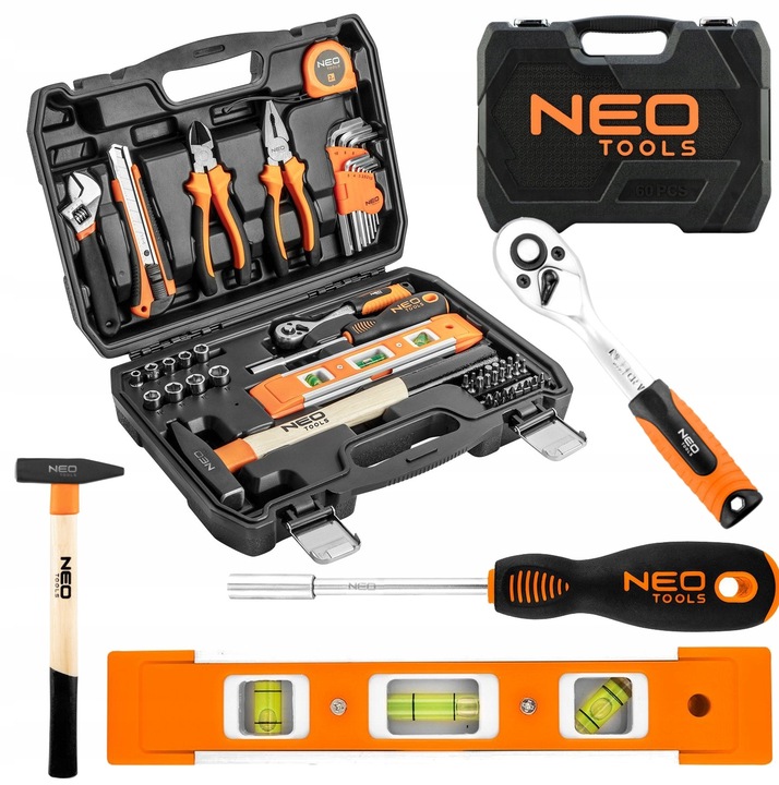 NEO ZESTAW NARZĘDZI KLUCZE NASADOWE 60 SZTUK TORX IMBUS MŁOTEK SZCZYPCE NÓŻ