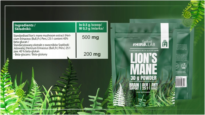 LION'S MANE SOPLÓWKA JEŻOWATA EKSTRAKT PAMIĘĆ 500mg DER 25:1 30g HIRO.LAB