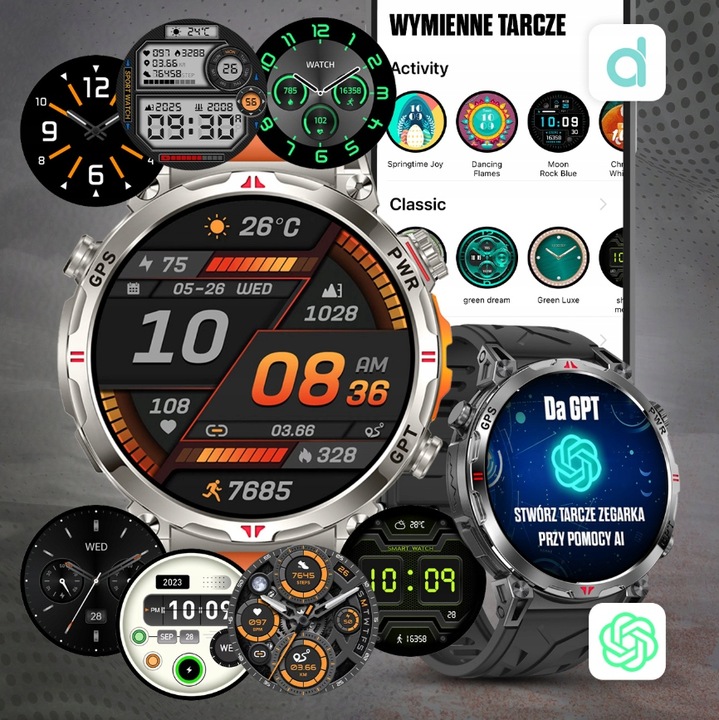 SMARTWATCH MĘSKI ZEGAREK CHAT GPT GPS ROZMOWY SPORT 650mAh 2 paski MENU POL