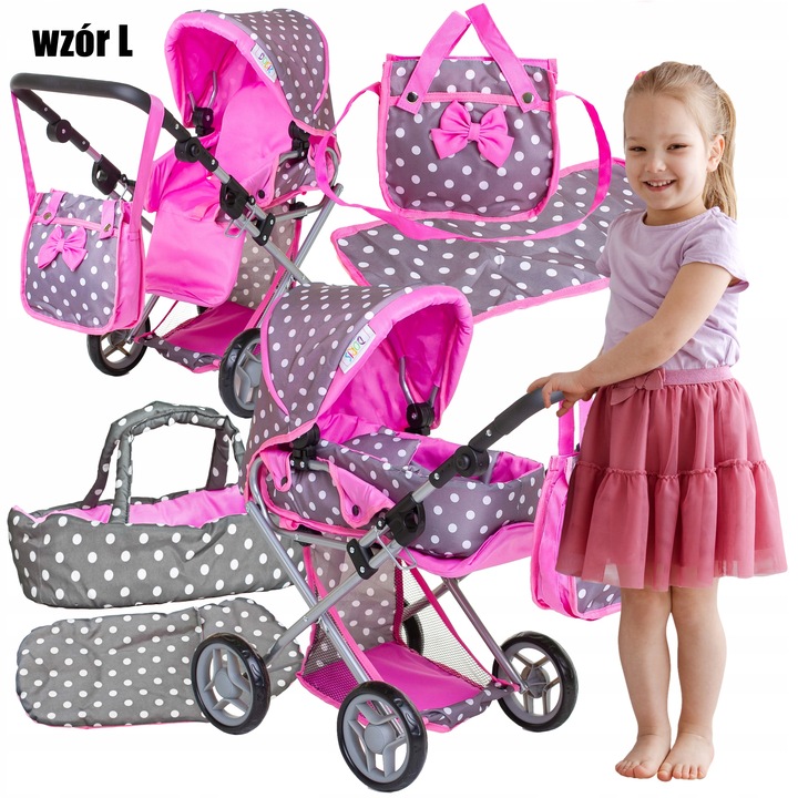 Wózek dla lalek 3w1 SPACEROWY GŁEBOKI + INTERAKTYWNA LALKA BOBAS zestaw XXL