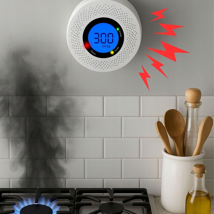 CZUJNIK CZADU DYMU DETEKTOR TLENKU WĘGLA CO GAZU POŻARU OGNIA EKRAN LCD