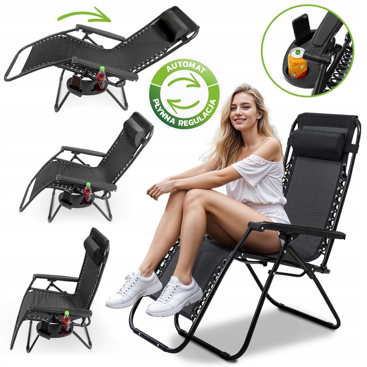 LEŻAK OGRODOWY Z PODNÓŻKIEM, ZAGŁÓWKIEM I STOLIKIEM NA NAPOJE ZERO GRAVITY