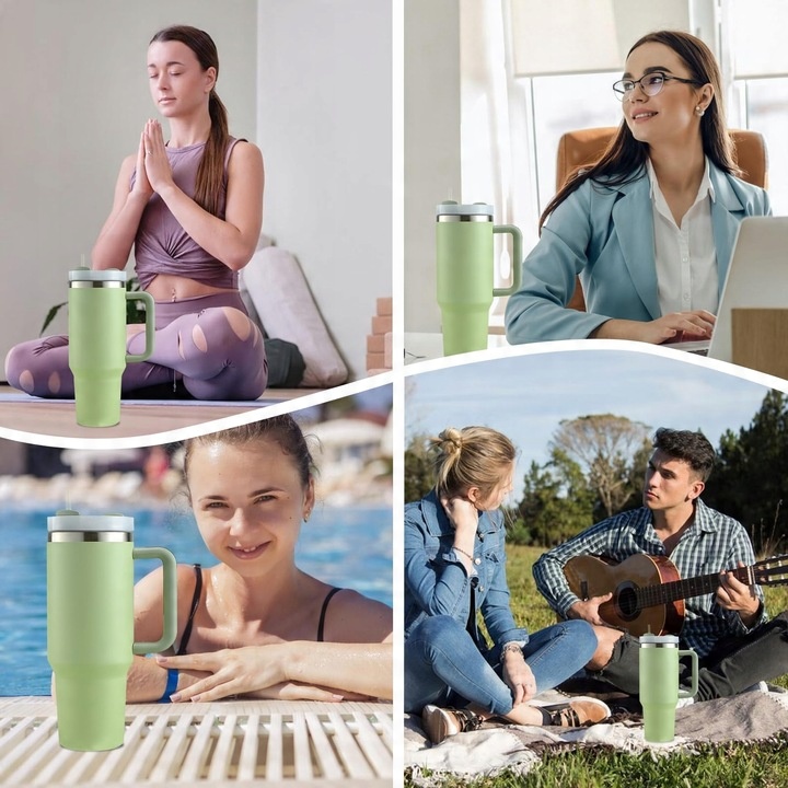 KUBEK TERMICZNY ZE SŁOMKĄ UCHWYTEM NA KAWĘ HERBATĘ SZCZELNY POJEMNY 1200ML