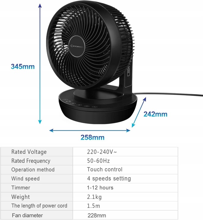 Cichy turbo-wentylator podłogowy MyCarbon do 30m2 pilot, czasomierz, czarny