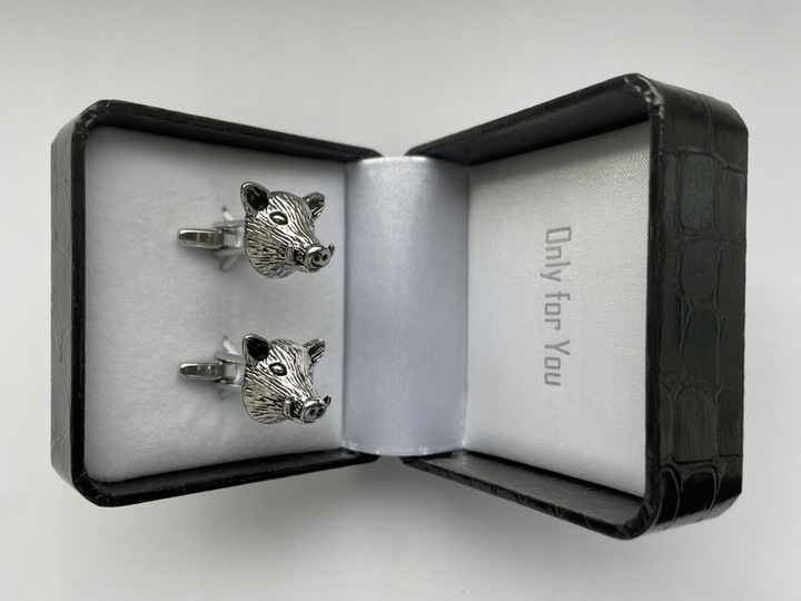 Srebrne spinki do mankietów EXC Dzik Dziki Głowa Dzika dla Myśliwego w Etui