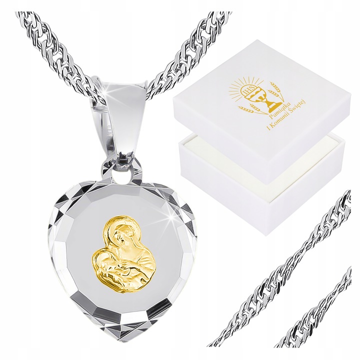 MEDALIK Komunijny Srebrny Łańcuszek SERCE Matka Boska do Komunii na Chrzest