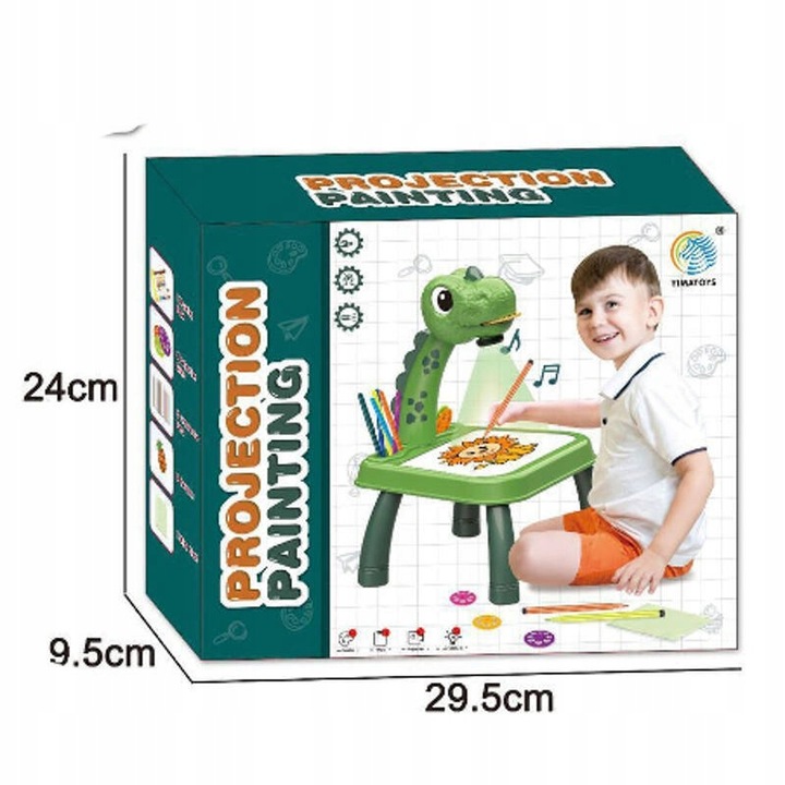 STOLIK DO NAUKI RYSOWANIA DINO TABLICA PROJEKTOR 24 wzory 12 pisaków