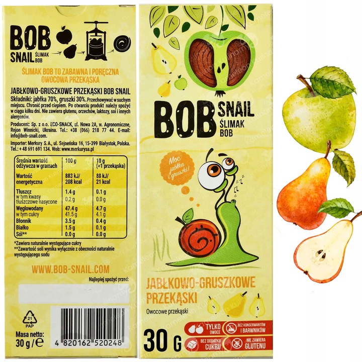 ŚLIMAK BOB SNAIL PRZEKĄSKA bez cukru glutenu 30G MIX SMAKÓW x 8szt 0,24KG