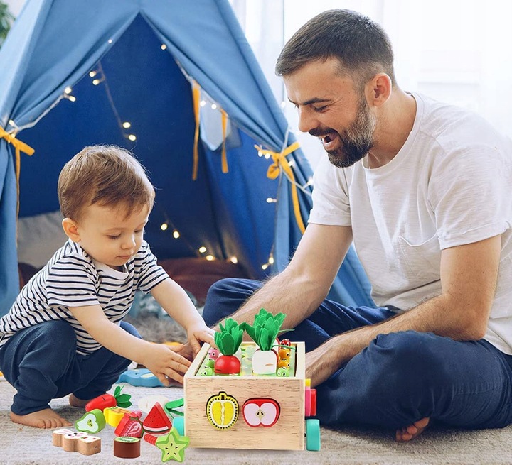 Montessori Sorter Klocków Złap Robaczka Układanka Drewniany Wózek Marchewki