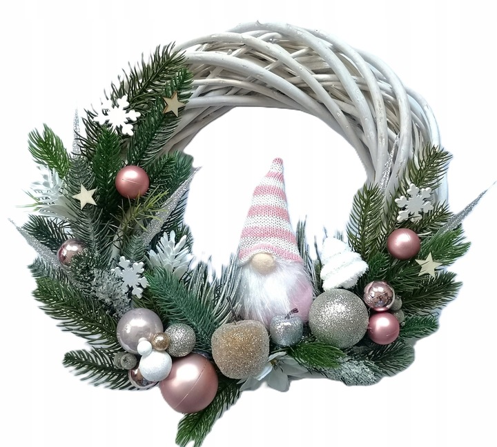 Wieniec wianek ze skrzatem na drzwi ozdoby swiąteczne bogaty stroik dekor