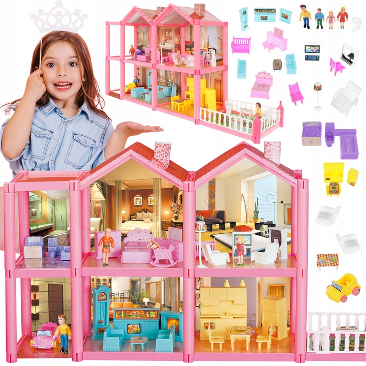 DOMEK DLA LALEK WILLA RÓZOWA MEBLE LALKI LALECZKI TARAS SAMOCHÓD DO ZABAWY