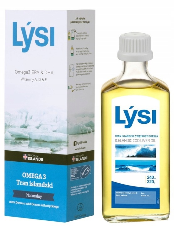Lysi TRAN ISLANDZKI NATURALNY Omega 3 EPA DHA WITAMINA A D E 240ml