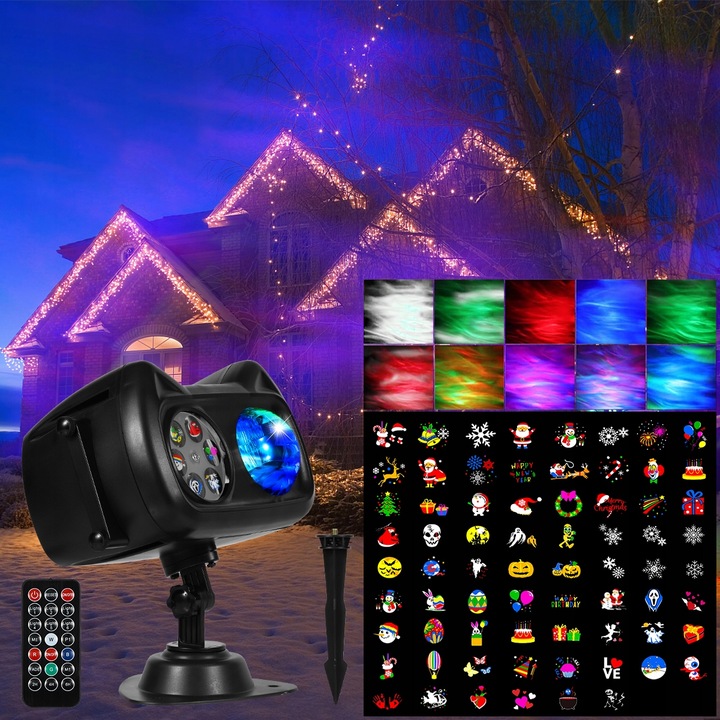PROJEKTOR LED ŚWIĄTECZNY LASEROWY REFLEKTOR NA DOM RZUTNIK 72 WZORÓW+PILOT
