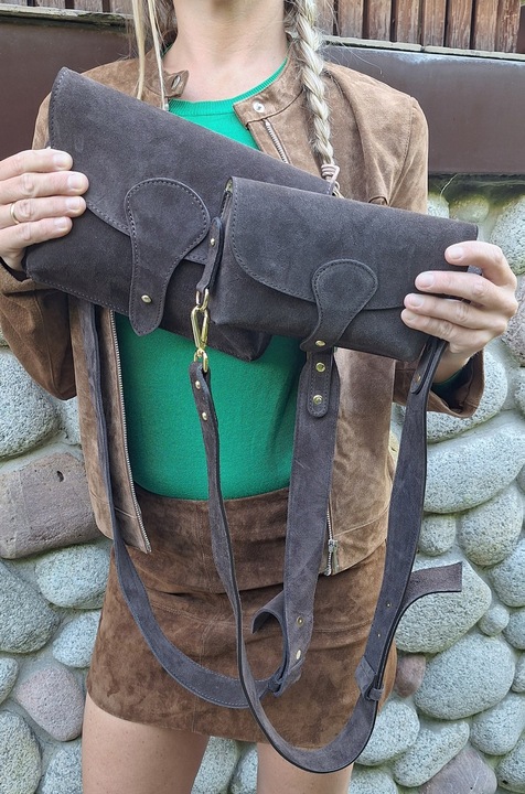 Zamszowa Torebka włoska MOKKA nerka listonoszka MAXI DUŻA WERSJA Pelle