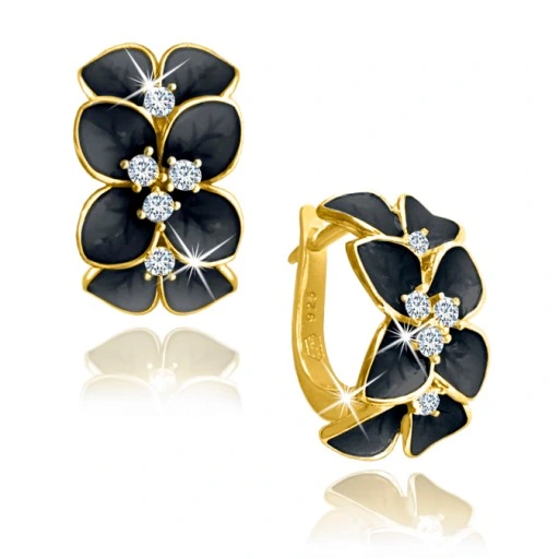 ZLOTE KOLCZYKI DLA KOBIETY KWIATY CZARNE, KOLCZYKI SREBRO PRÓBA 925