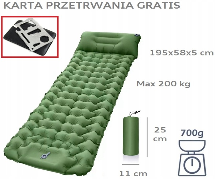 DMUCHANA MATA Z WBUDOWANĄ POMPKĄ KARIMATA LEKKI GRUBY WYGODNY MATERAC ŁÓŻKO