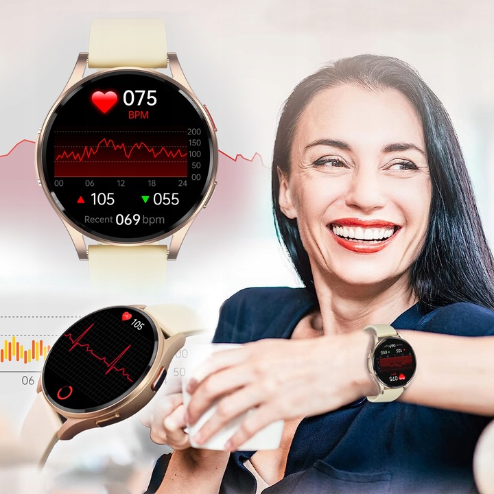 SMARTWATCH DAMSKI AMOLED KARDIOWATCH POMIAR EKG HRV CIŚNIENIE ROZMOWY SMS