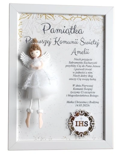 I Komunia Anioł Stróż obraz 3D upominek pamiątka od Chrzestnej Dziadków