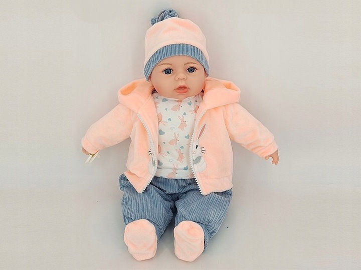 LALKA BOBAS w ubranku 45CM MÓWI I ŚPIEWA PO POLSKU + SMOCZEK+ butelka