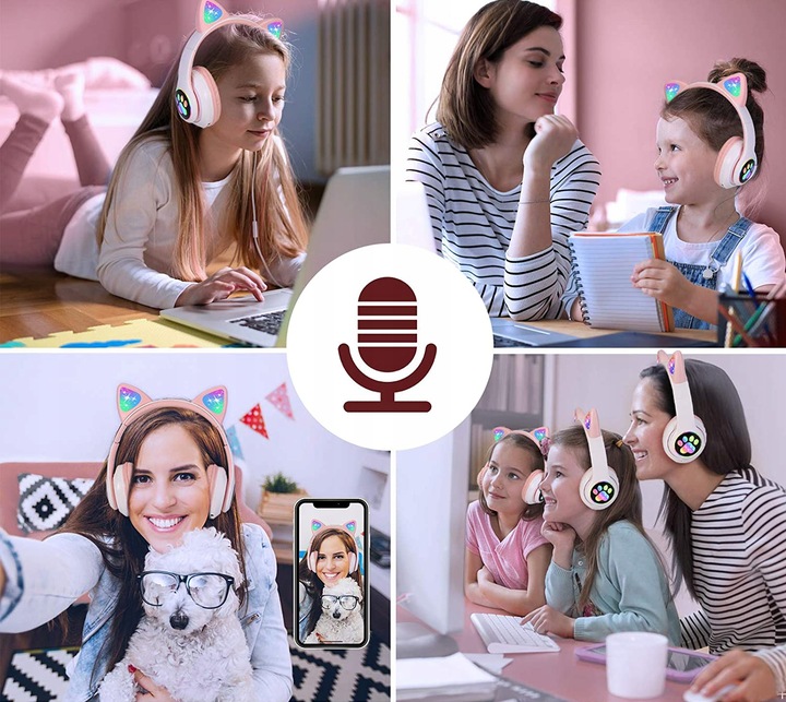 SŁUCHAWKI BEZPRZEWODOWE Z MIKROFONEM KOLOROWE KOCIE USZY LED DLA DZIECI