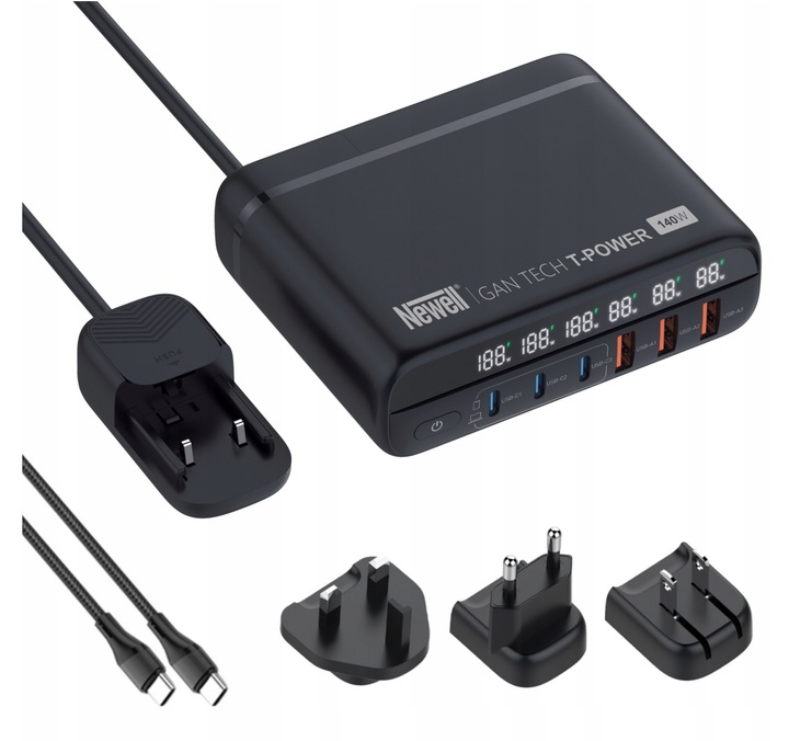 Ładowarka sieciowa z adapterami Newell GaN Tech T-power 140W 3xUSB-C 3xUSB