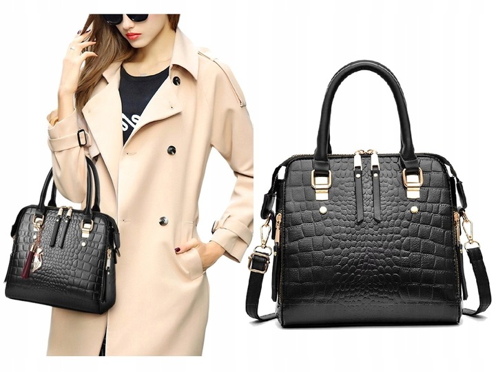 TOREBKA Damska CZARNA EKO Skóra Krokodyla Usztywniana Elegancka Brelok Kot