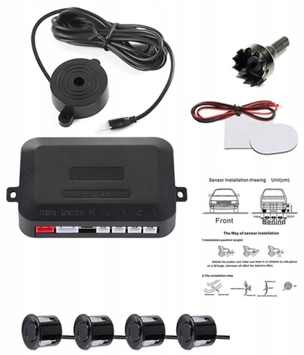 CZUJNIKI PARKOWANIA COFANIA BUZZER GŁOŚNIK PRZÓD TYŁ ZESTAW PDC 4x SENSOR